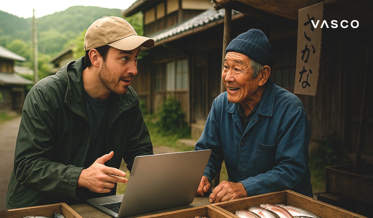 Ein Reisender in einem traditionellen japanischen Dorf nutzt einen Laptop, um sich mit einem älteren Einheimischen zu unterhalten.