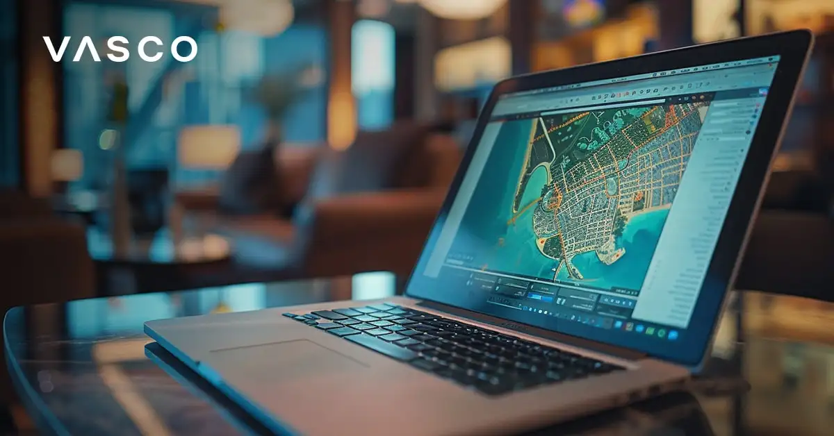 Laptop mit geöffneter Dubai-Karte, die die Reiseplanung zeigt.