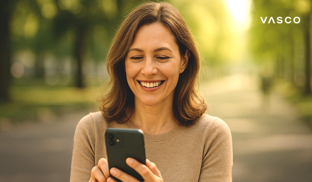 Eine Frau blickt lächelnd auf das Handy in ihrer Hand.