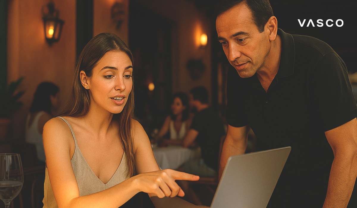 Eine Frau in einem Restaurant zeigt dem Kellner etwas an ihrem Laptop.