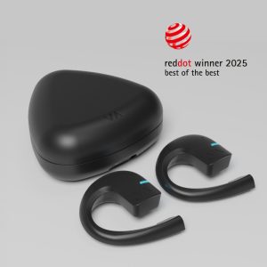 Produktfoto des Vasco Translator E1 mit Logo des Red Dot Best of the Best Award 2025.