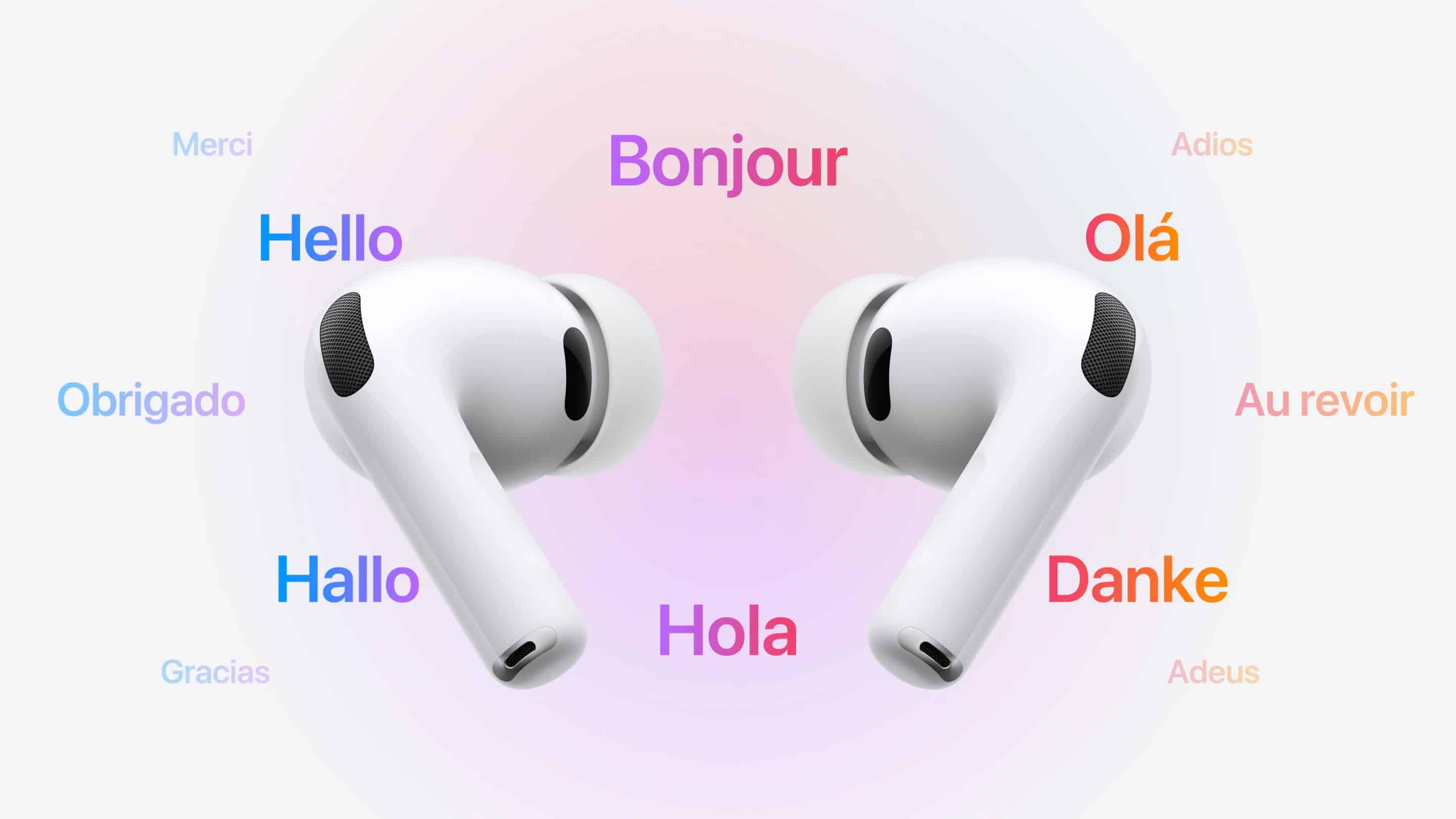 Apple Airpods von bunten Texten umgeben, die "Hallo" in verschiedenen Sprachen bedeuten