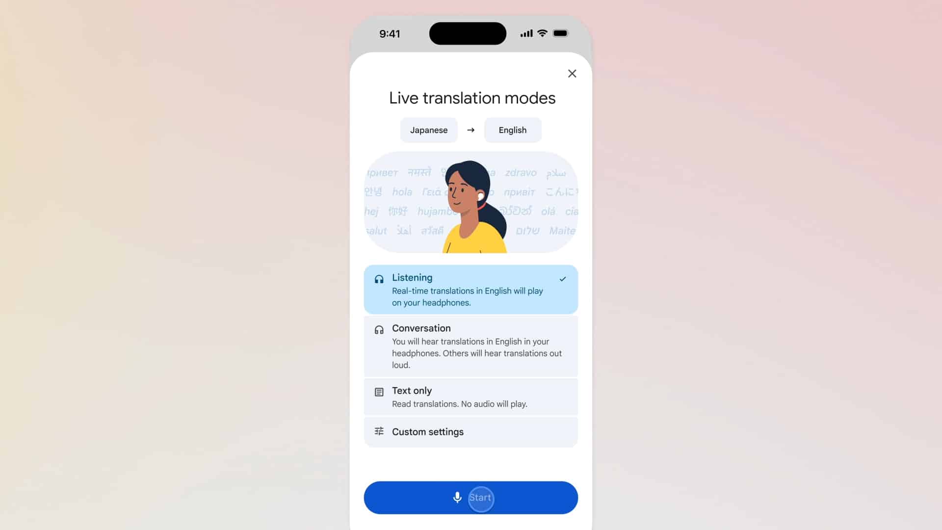 Screenshot der Google Übersetzer App in englischer Sprache mit dem Auswahlbildschirm im Bereich Live Übersetzung