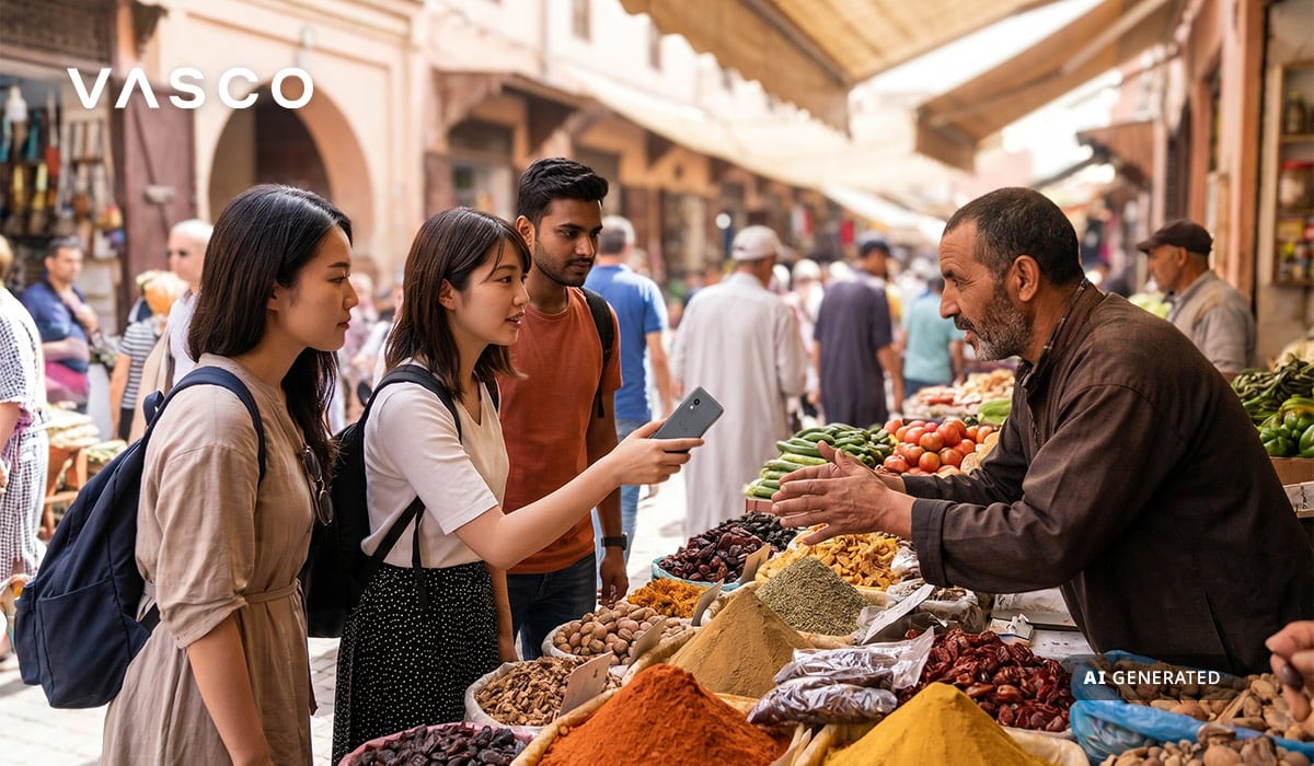 Touristen, die Vasco Translator nutzen, um sich mit einem Verkäufer auf einem Markt zu unterhalten.