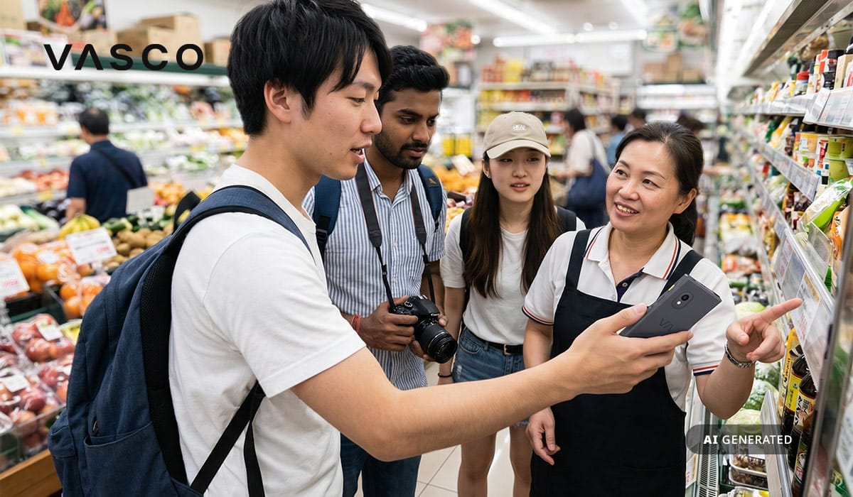 Touristen, die mithilfe eines Vasco Übersetzungsgeräts einen Supermarktmitarbeiter um Hilfe bitten.