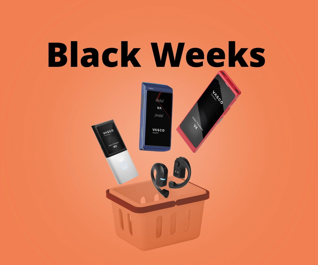 Die Sprachübersetzer Vasco V4, Q1, M3 und E1 fallen vor einem orangefarbenen Hintergrund in einen Warenkorb. Im Hintergrund steht „Black Weeks“.
