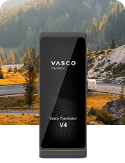 Ein Wohnmobil fährt auf einer Straße, umgeben von Bergwäldern, neben einem Bild des Vasco Translator V4 in Steingrau.