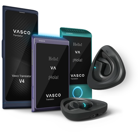 Seitenansicht der Vasco Übersetzer: Vasco Translator V4, Q1, M4 und E1 nebeneinander.