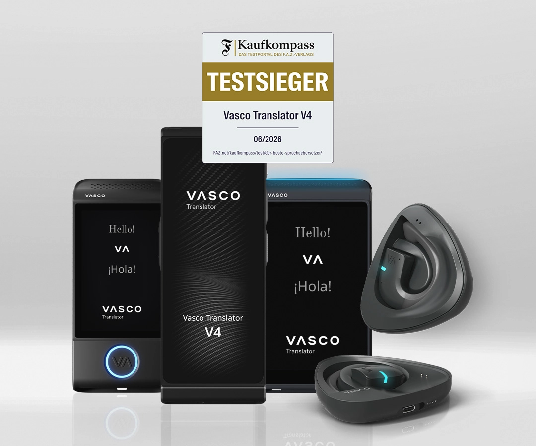 A collection of sleek black Vasco electronic translator devices and translation earbuds on a light gray background. In the center, a white and gold award badge from Kaufkompass declares the Vasco Translator V4 as the 